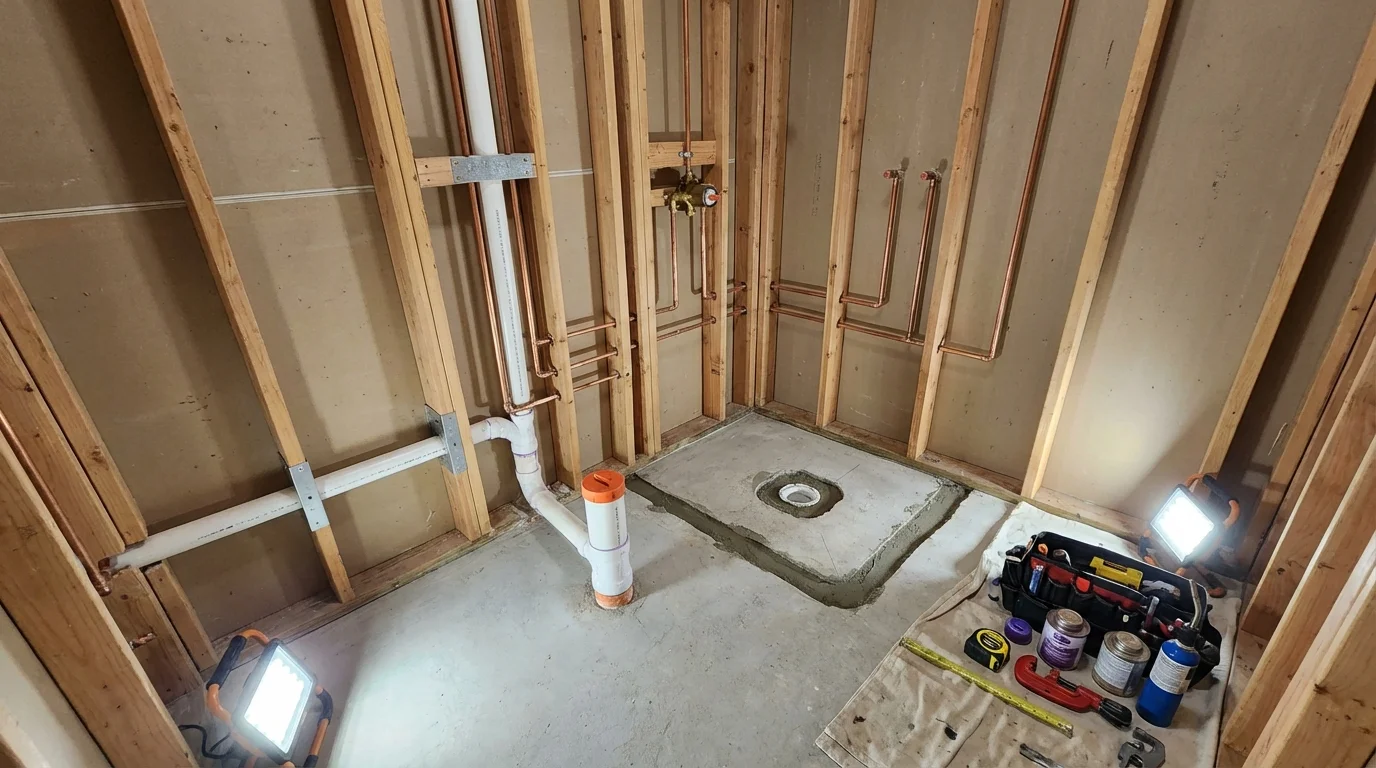 Bathroom rough-in plumbing during remodel by Johns Plumbing LLC in Shepherdsville