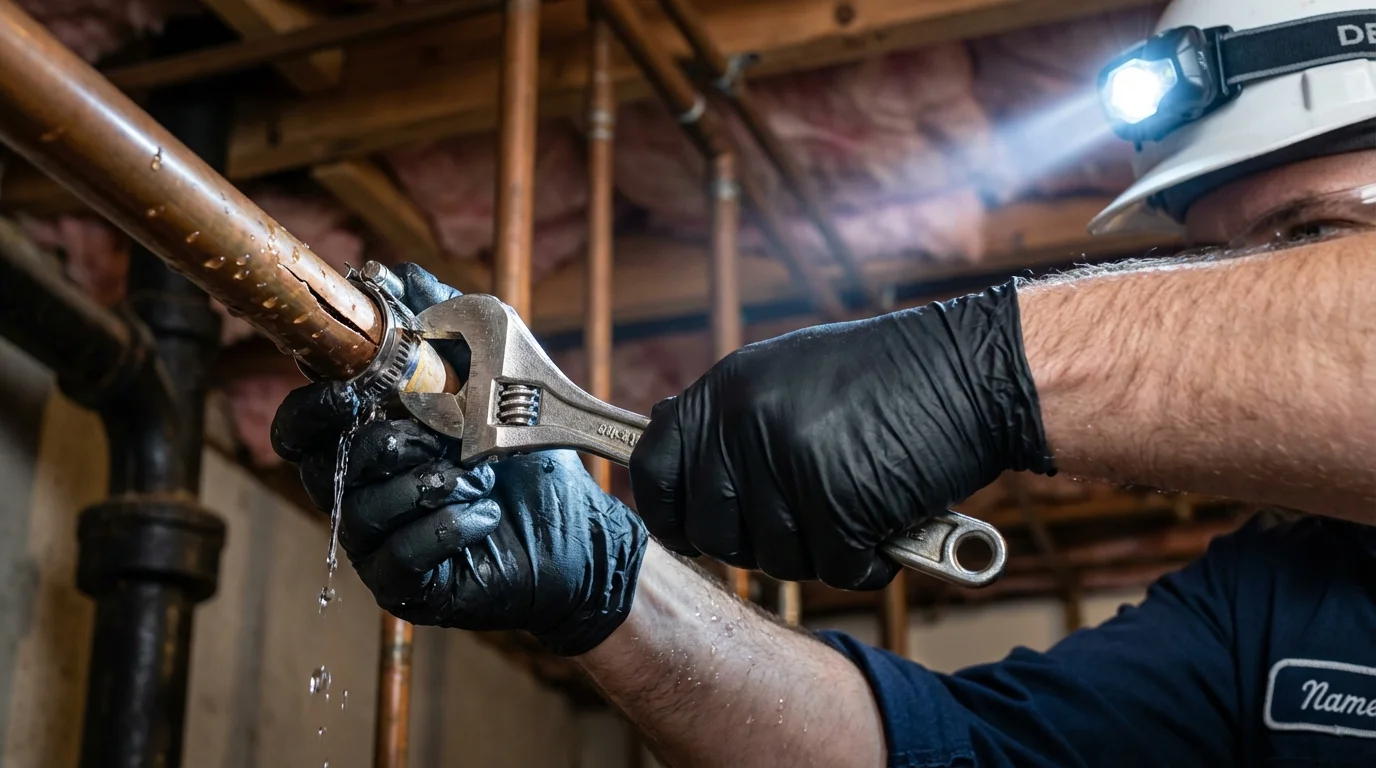 Emergency pipe clamp repair being performed by a Johns Plumbing LLC plumber in Shepherdsville