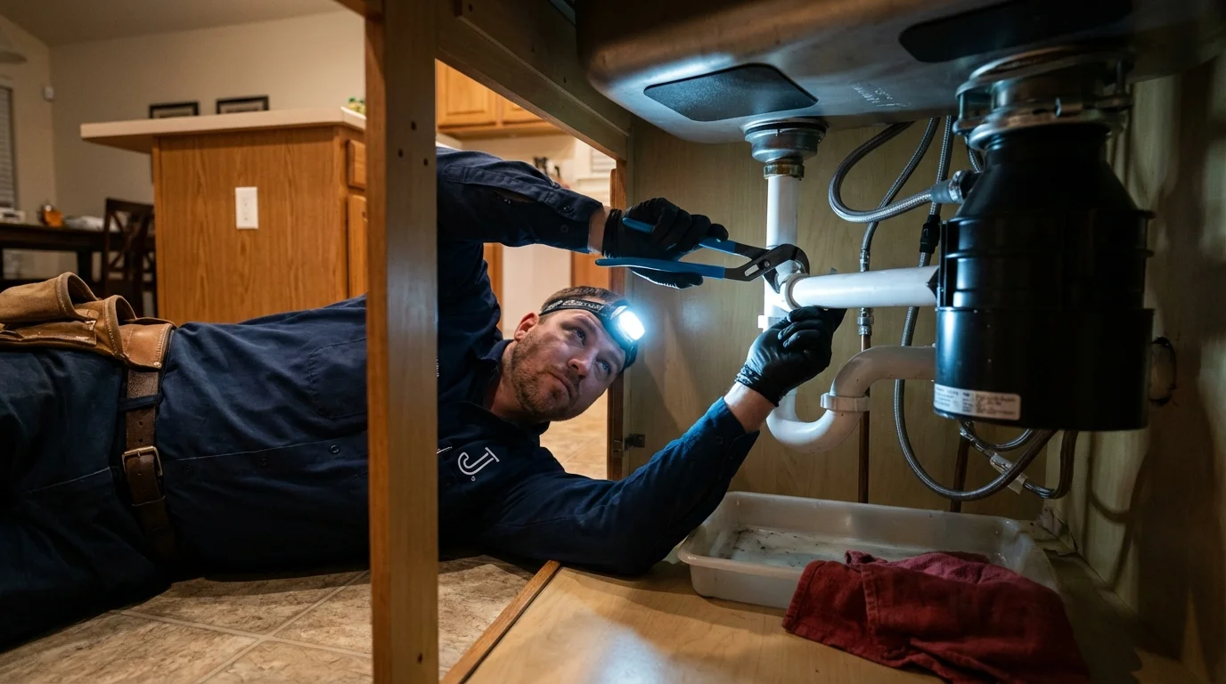 P-trap and supply line connections under a kitchen sink showing a common leak point in Shepherdsville, KY